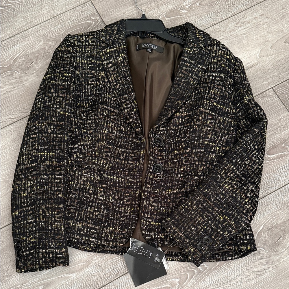 Kasper Black Tweed Blazer with Gold Thread New 6p
